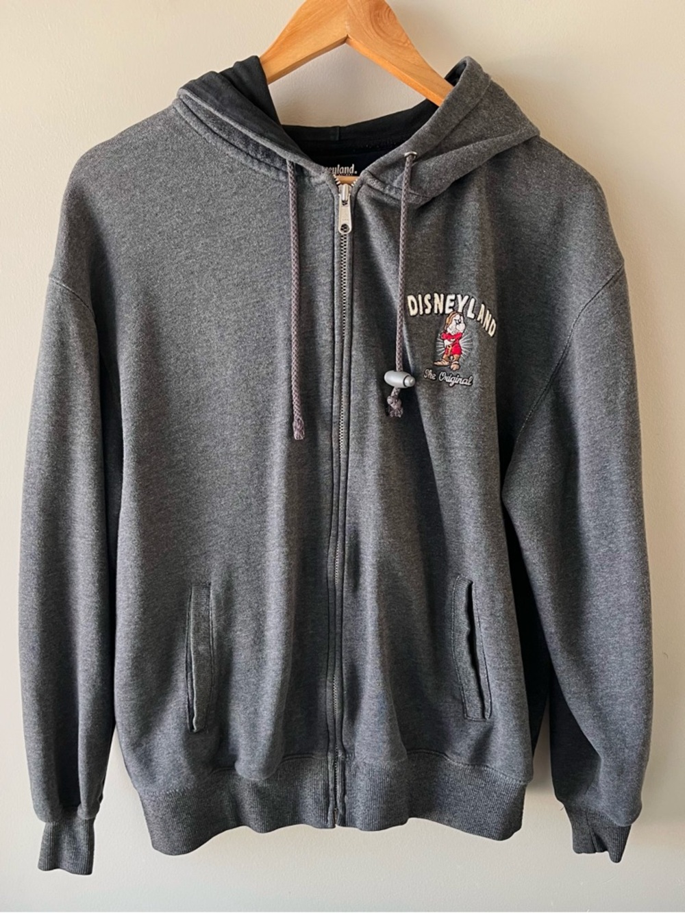 Disneyland Men's Dark Grey Zip-Up Hoodie with Embroidered "Grumpy" Size Small